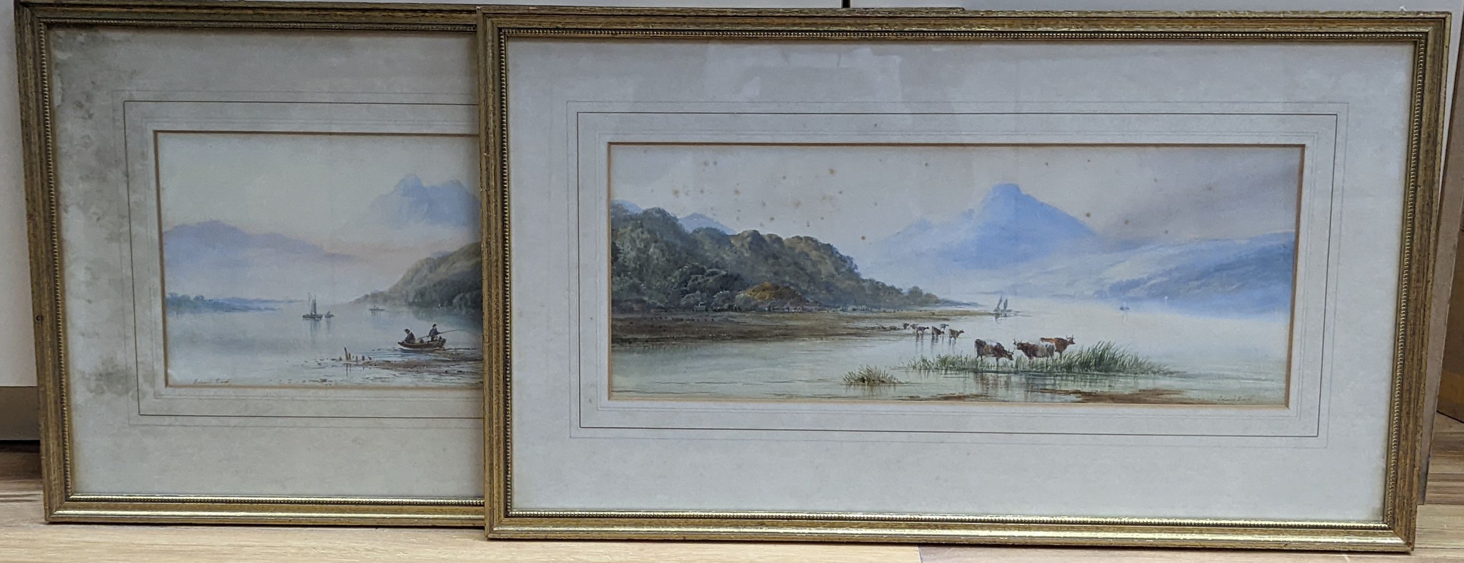 Edwin Earp (1851-1945), pair of watercolours, Lake scenes with cattle watering and anglers, signed, 21 x 56cm